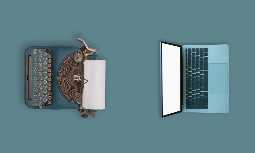 Past, present and future of technology and devices, from typewriter to computer,Top view.