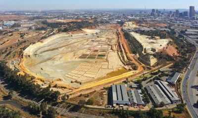 Aerial photo of a Johannesburg mine and CBD from a helicopter, Johannesburg