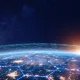 Communication network above Earth for global business and finance digital exchange. Internet of things (IoT), blockchain, smart connected cities, futuristic technology concept. Satellite view.