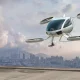 eVTOL Electric Vertical Take Off and Landing Aircraft About To Land Near City