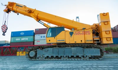 A heavy crawler crane stands on the territory of a container terminal.