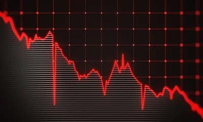Falling down red financial chart background. 3D Rendering