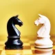 Conflict and rivalry: black and white chess knights face off against each other
