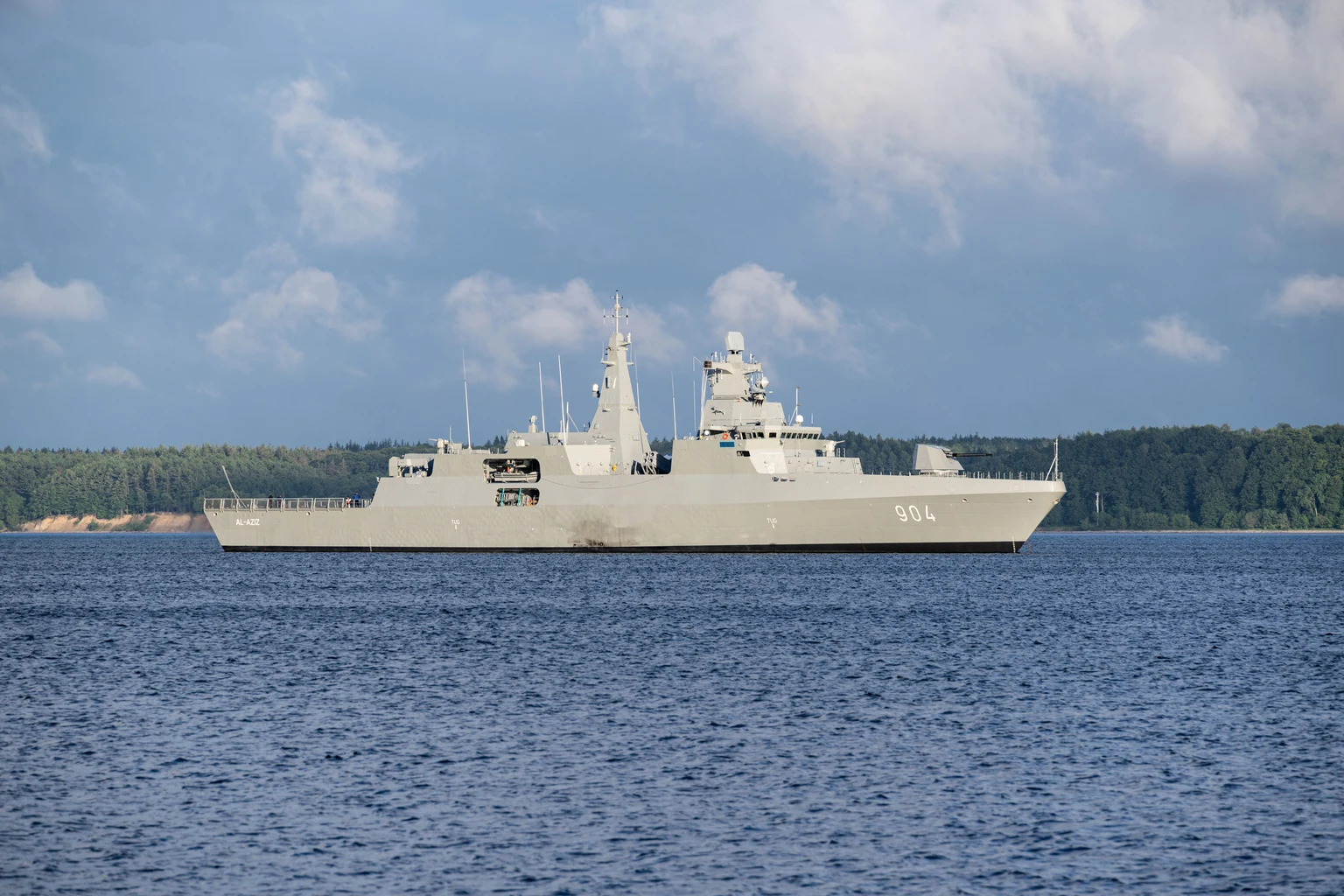 new build Meko 200 type frigate Al-Aziz 904 for the Egyptian Navy on sea trial in the Eckernförde Bight