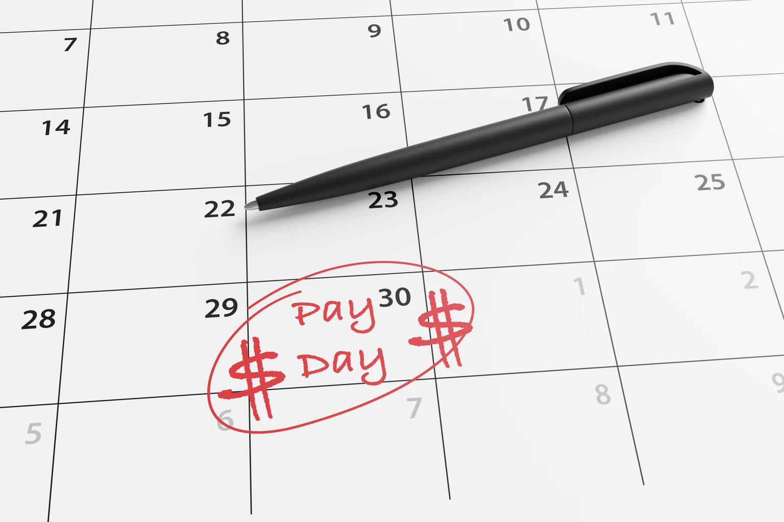 Monthly calendar with the last day circled and marked as pay day by red ball pen. Illustration of the concept of payroll of employees