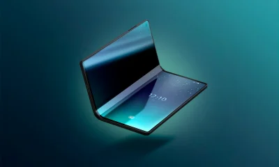 Turned on flexible book phone display opened mockup, colored background