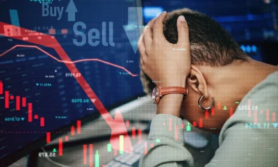 Woman, stress and banking of stock market, crash or financial crisis in overlay on computer. African, person and headache in trading, digital or fintech for lines, chart and money risk for investment