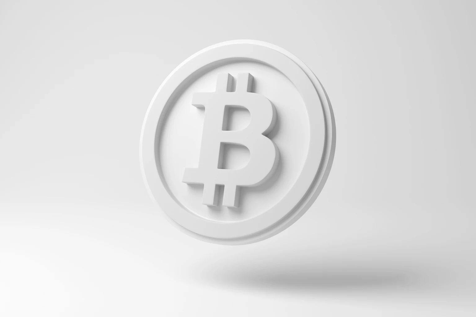 Bitcoin blanco flotando en el aire sobre fondo blanco en monocromo y minimalismo. Ilustración del concepto de criptomonedas y finanzas descentralizadas (DeFi) y libros de contabilidad distribuidos