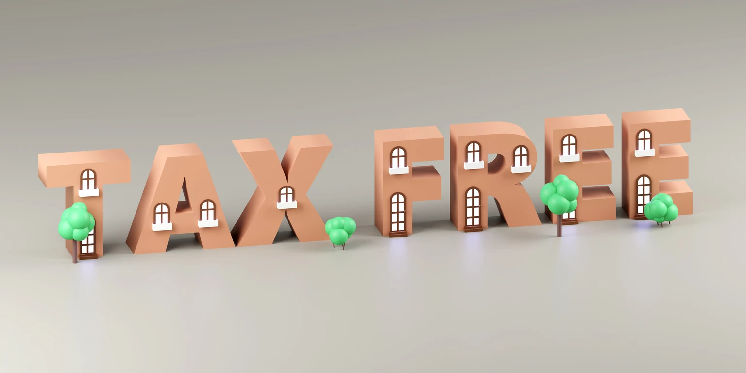 3d render sign tax free made of tiny houses and light background. Simple minimalism concept.
