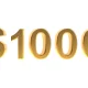 Golden 1000 dollars sign, 3d gold one thousand grand or dollar symbol isolated on white background.