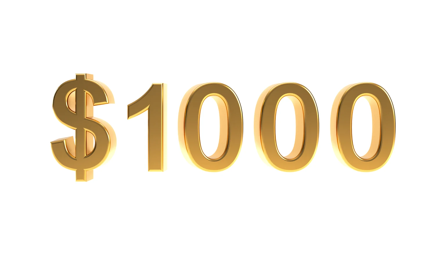 Golden 1000 dollars sign, 3d gold one thousand grand or dollar symbol isolated on white background.
