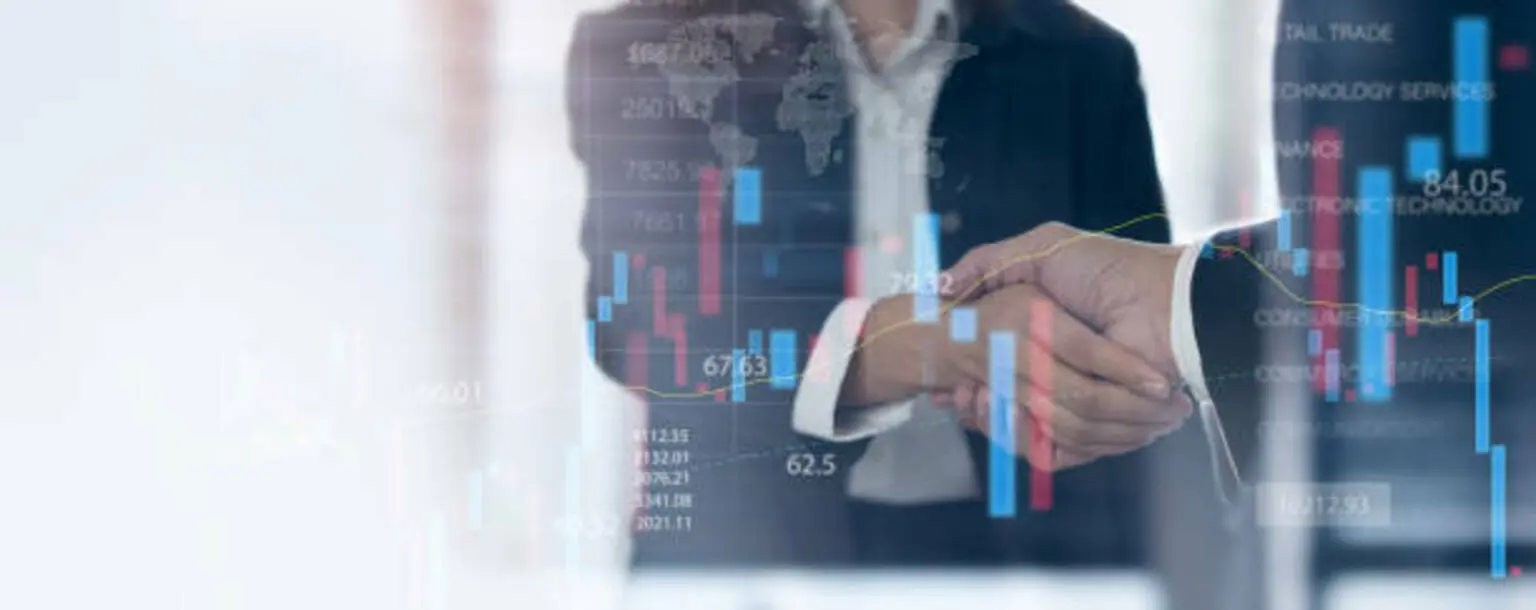 Business finance and investment background, global business and data analysis concept. Businessmen making a handshake with economic graph growth chart, business development, joint venture
