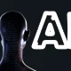 AI shining letters, modern and futuristic - 3d model of a human head. Robot concept - cyborg, artificial intelligence background