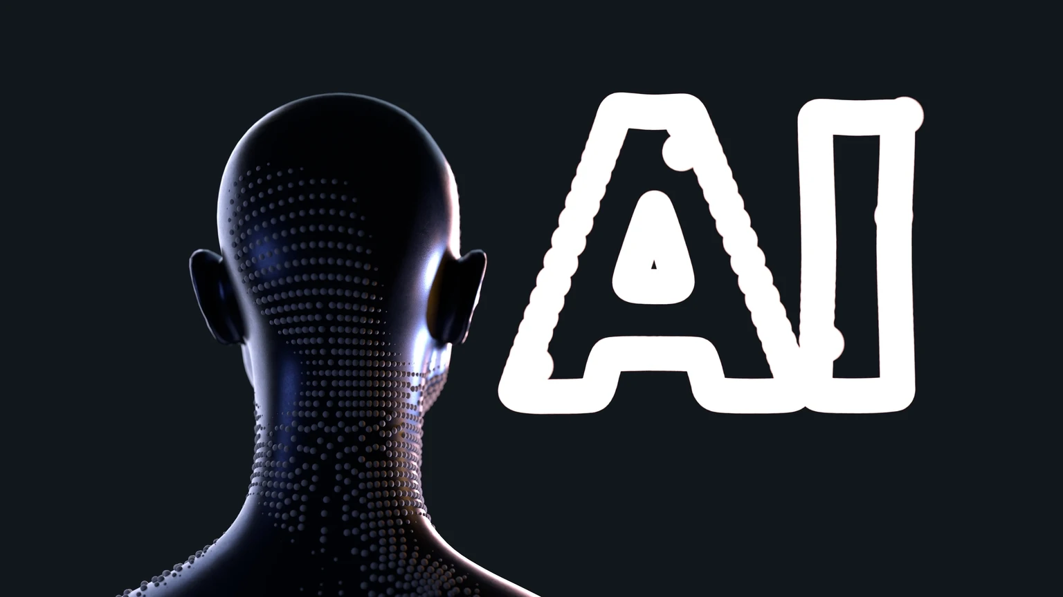 AI shining letters, modern and futuristic - 3d model of a human head. Robot concept - cyborg, artificial intelligence background