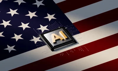 Innovation Engine: Conceptual AI Chip Displayed on American Flag Surface