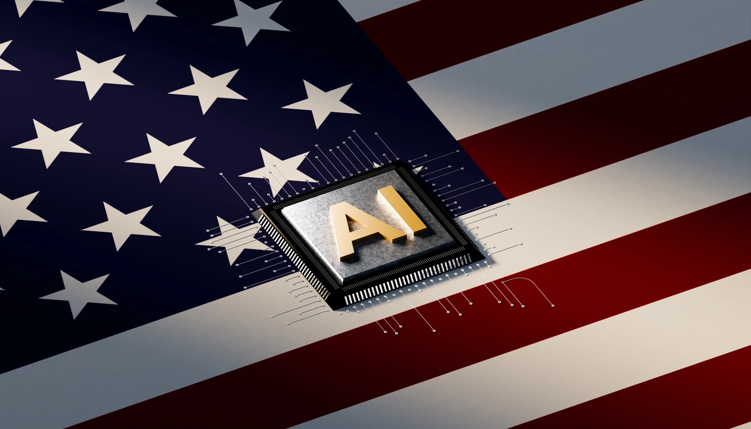 Innovation Engine: Conceptual AI Chip Displayed on American Flag Surface