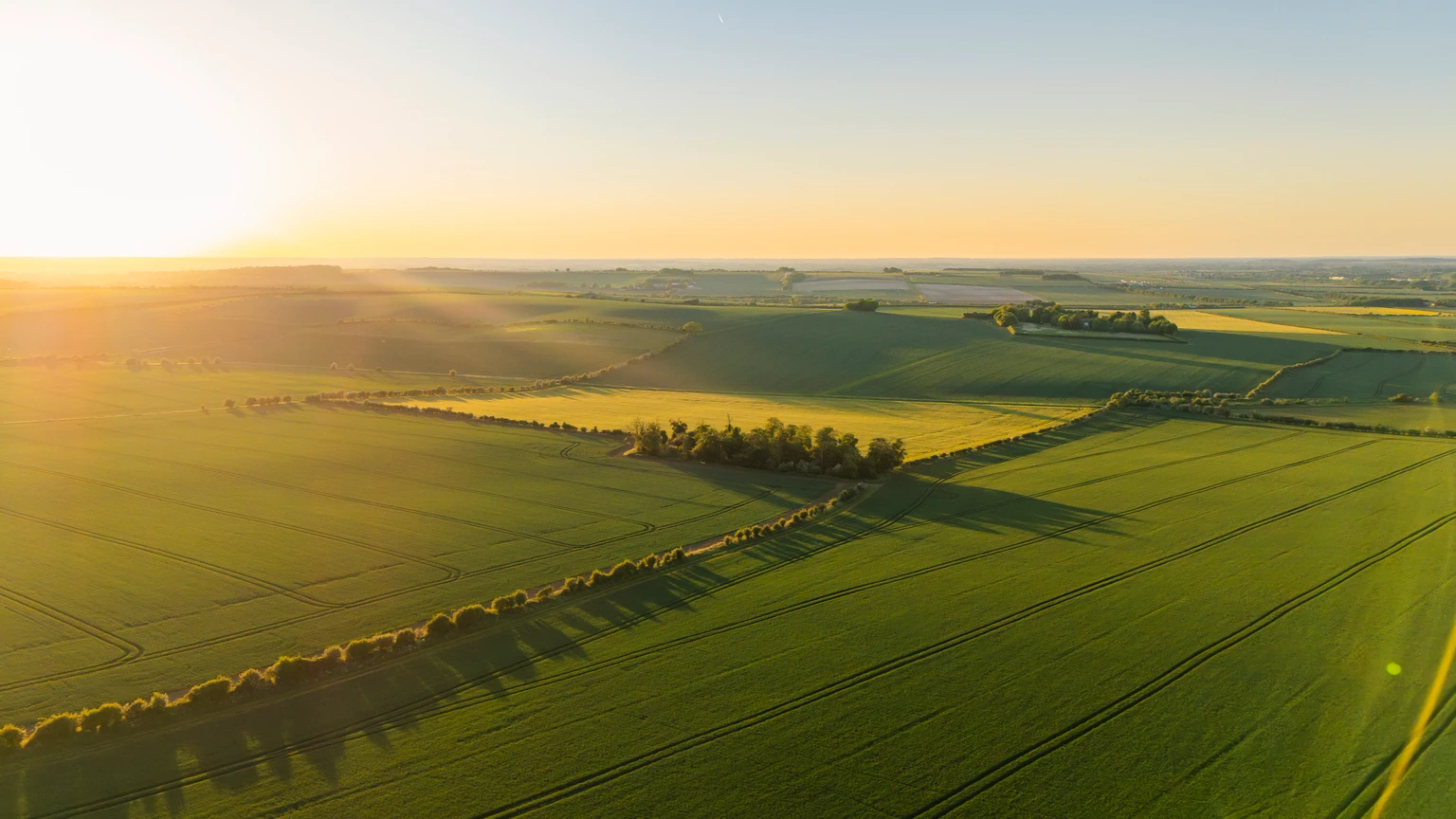 A beautiful aerial/drone view over agricultural fields in the UK at close to sunset