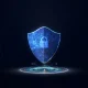 Escudo digital futurista con símbolo de candado que representa la ciberseguridad y la protección de datos