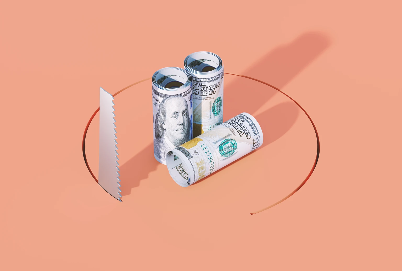 Rolled American One Hundred Dollars Bills And Handsaw On Orange Background