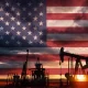 Drilling for oil in the countryside with American national flag overlay