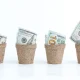 Money Growth Concept Hundred Dollar Bills in Pots Symbolizing Financial Investment and Returns