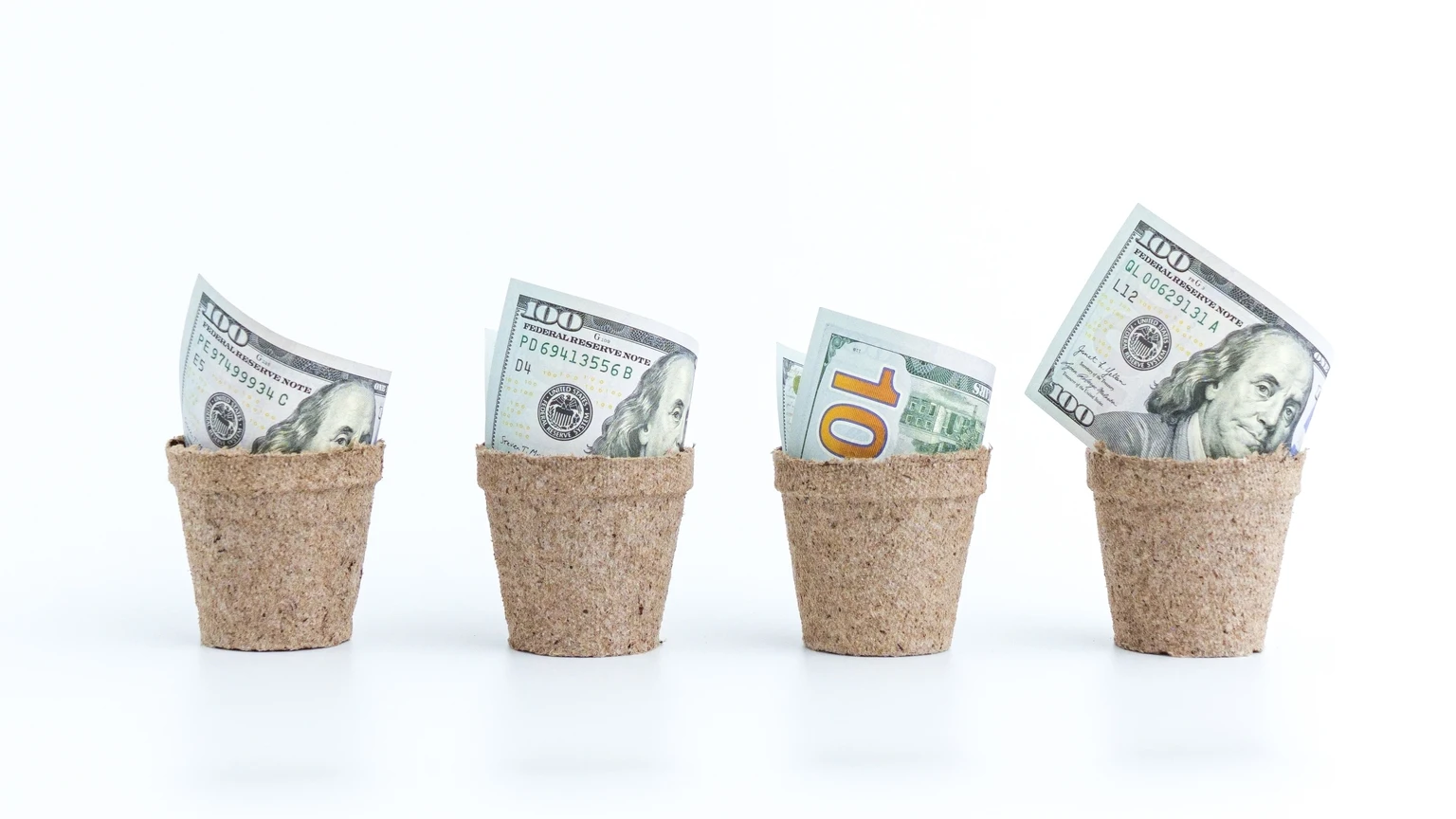 Money Growth Concept Hundred Dollar Bills in Pots Symbolizing Financial Investment and Returns