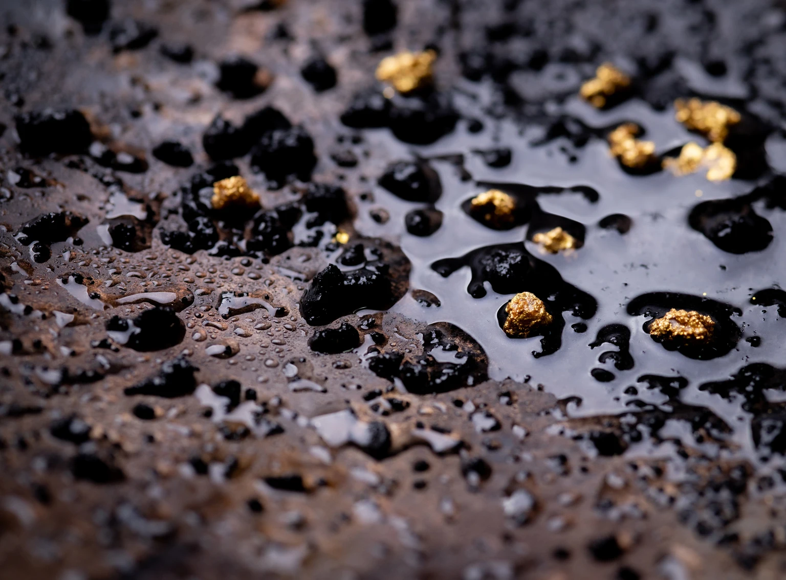 Closeup Gold on grungy wash pan with river sand. Gold digging discovery