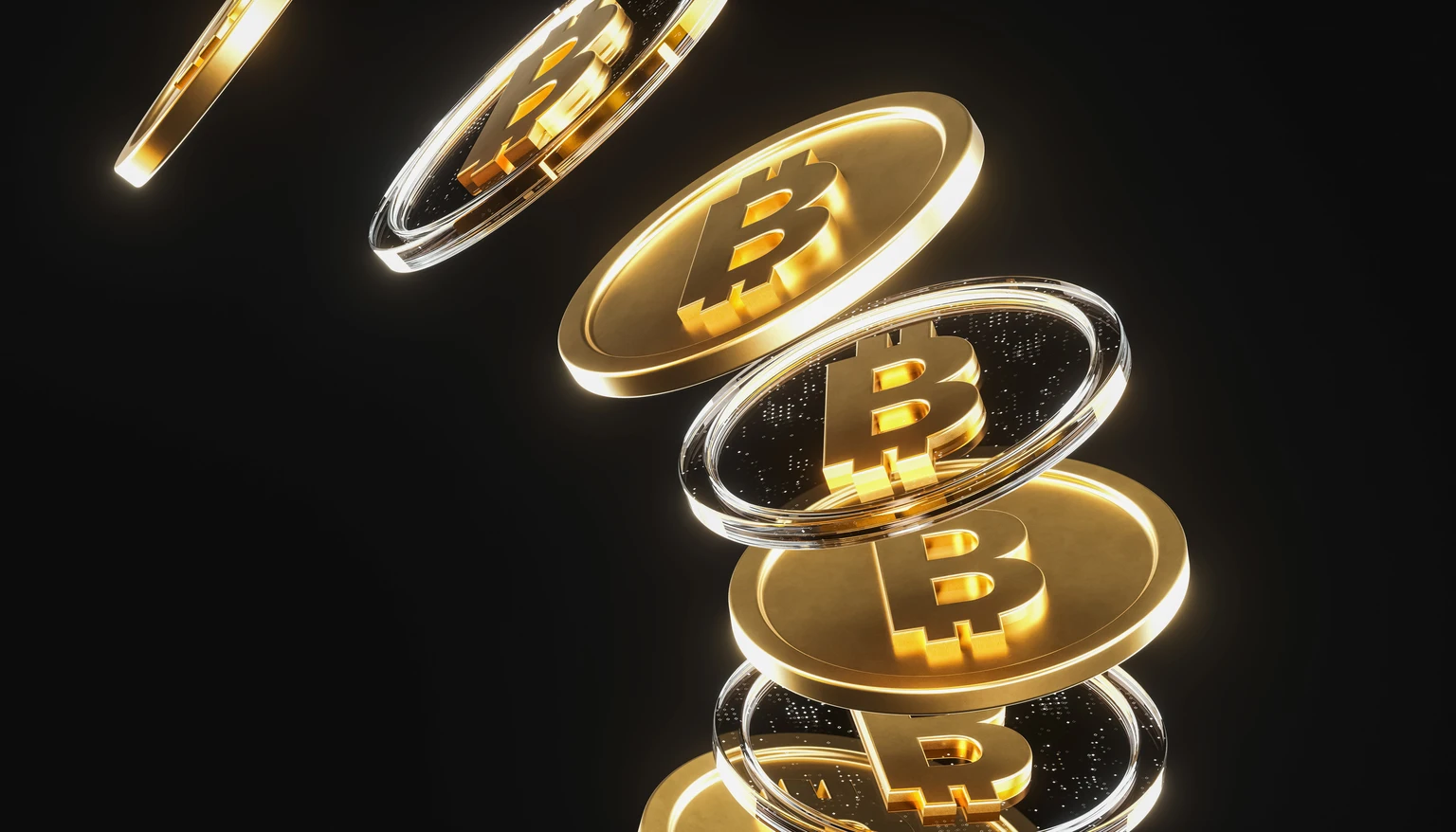 Futuristic Golden Bitcoin Coins on dark background 3D Digital Cryptocurrency Concept