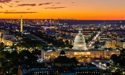 Aerial Shot of Colorful Evening Sky Behind Capitol Building and Washington Monument