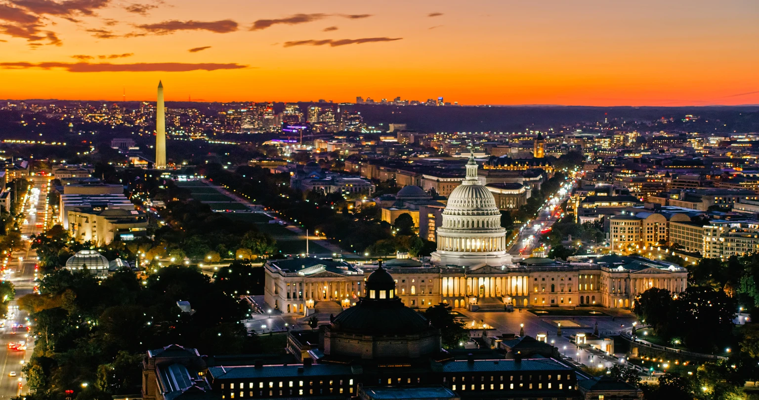 Aerial Shot of Colorful Evening Sky Behind Capitol Building and Washington Monument