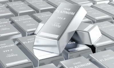 Stacked platinum bullion bars, background. 3D rendering