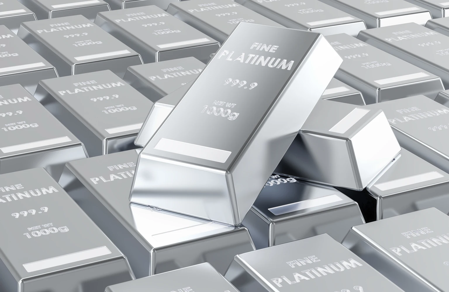 Stacked platinum bullion bars, background. 3D rendering