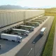 Aerial View Distribution Warehouse with Trucks at Loading Docks