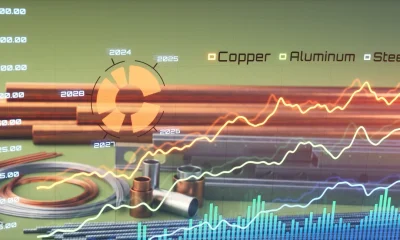 Digital screen with a price line chart for metal commodities in the background