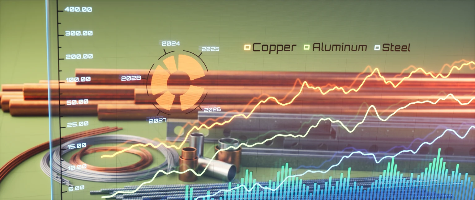 Digital screen with a price line chart for metal commodities in the background