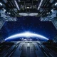 Spaceship flying over earth with open bay doors revealing sunrise. 3d render