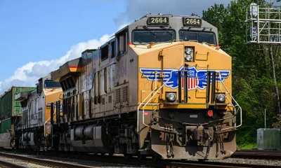 Union Pacific freight train locomotive in closeup working intermodal cargo