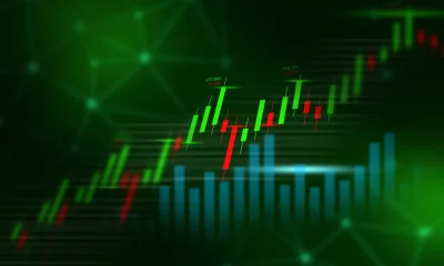 Financial Charts with Candlestick and Bar Graphs on Abstract Network, Stock Market Analysis Concept.