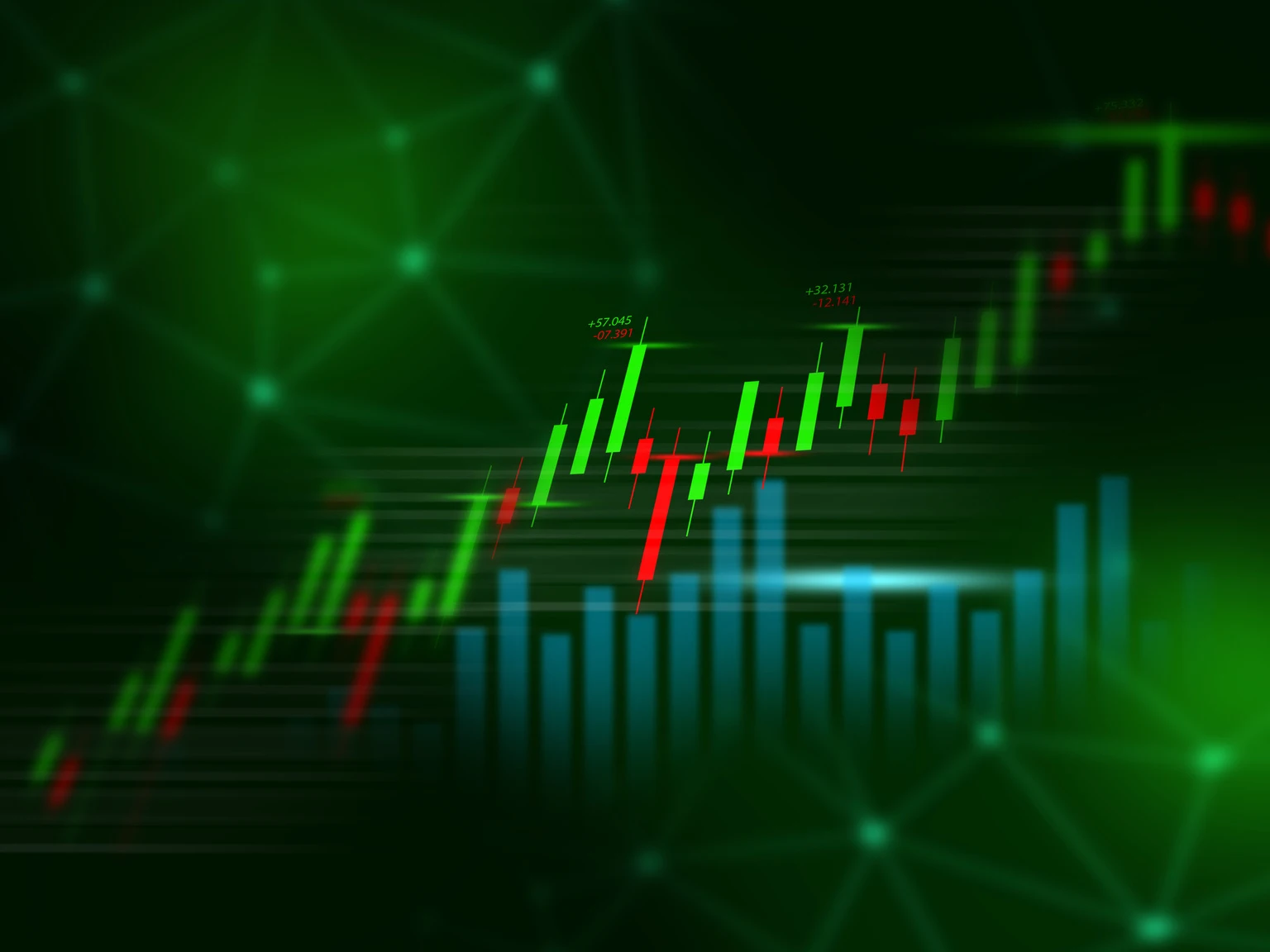 Financial Charts with Candlestick and Bar Graphs on Abstract Network, Stock Market Analysis Concept.
