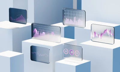 Holographic GUI Panels with stock market Data on White Pedestal Display