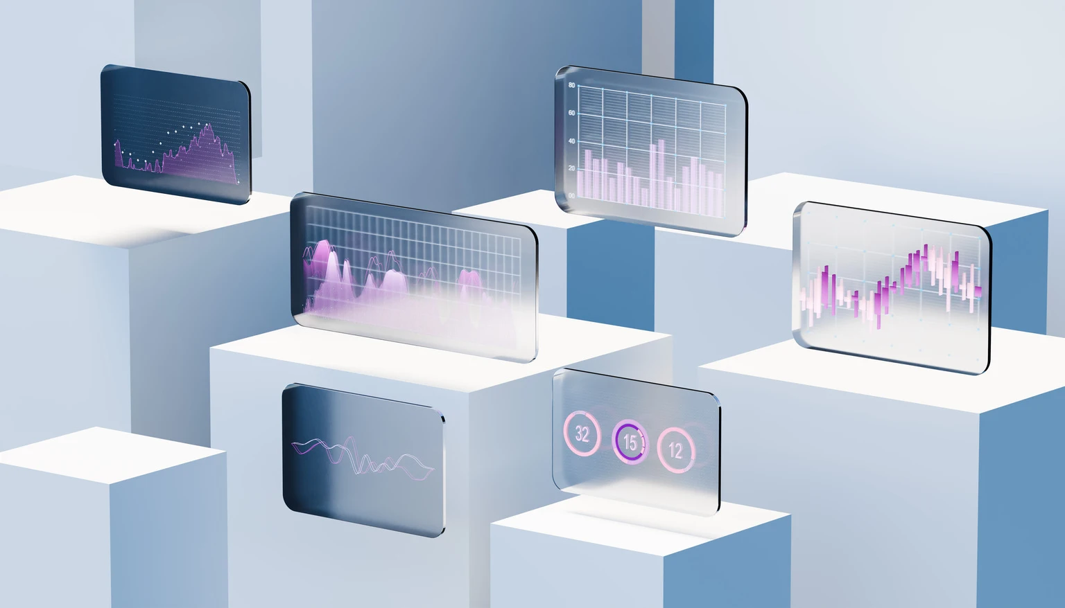 Holographic GUI Panels with stock market Data on White Pedestal Display