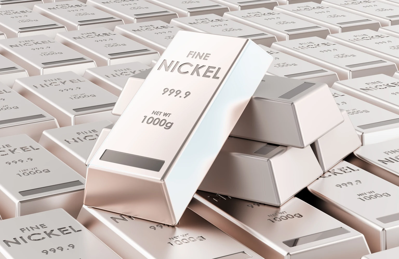 Fine nickel bars stacked, metal ingots background. 3D rendering
