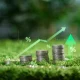 Stacked coins on green moss with rising arrow and market chart overlay show investment growth, interest rate gains, savings, ROI, portfolio wealth and green finance strategy for long-term returns.