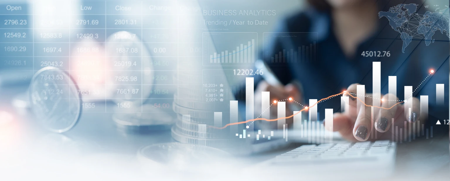 Business, finance and investment concept. Business woman analyzing and calculating financial data with economic graph growth chart, Business strategy and planning. digital market research, financial report