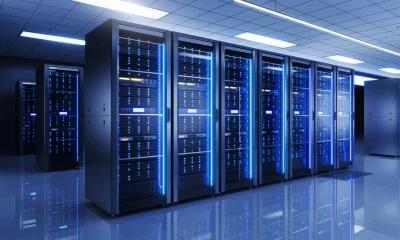 Server racks in server room data center - Cloud Computing, Artificial Intelligence, Database Concept - 3d illustration