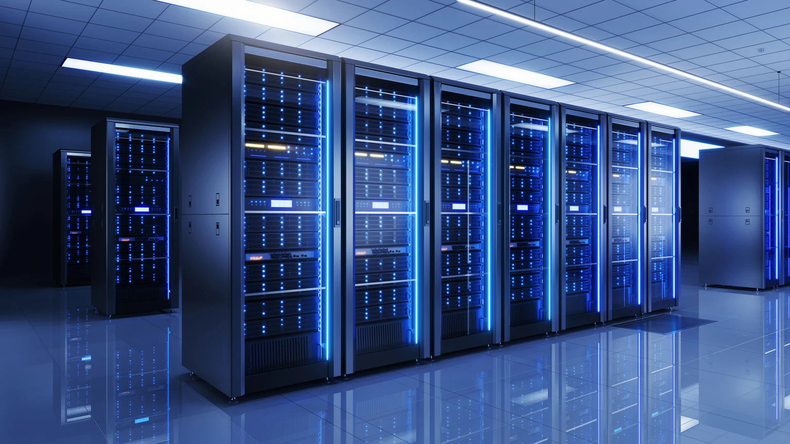 Server racks in server room data center - Cloud Computing, Artificial Intelligence, Database Concept - 3d illustration