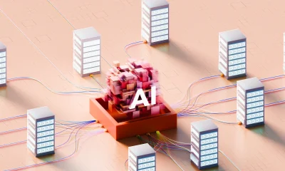 Expansive AI data center concept with central glowing cube structure in orange hub amid networked server array on peach background