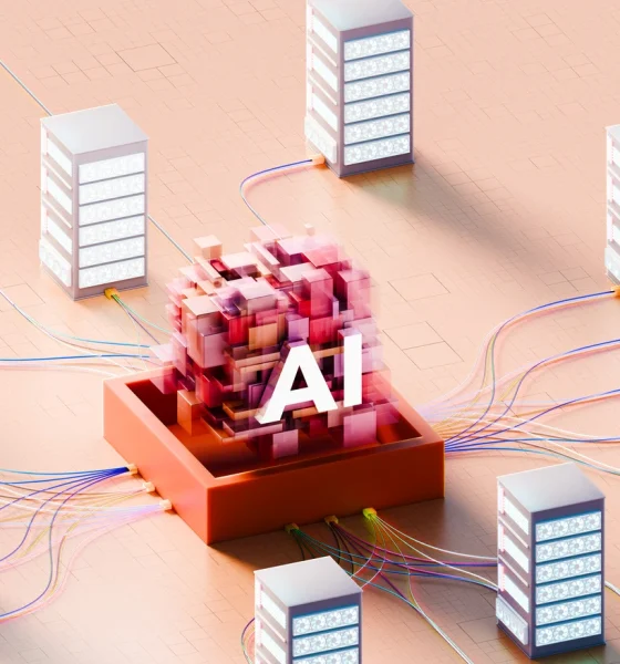 Expansive AI data center concept with central glowing cube structure in orange hub amid networked server array on peach background