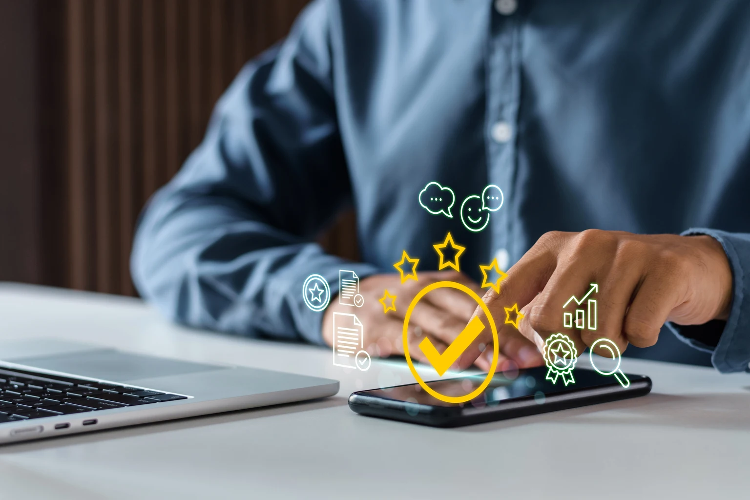 Executive tracking consumer review metrics and high customer satisfaction scores