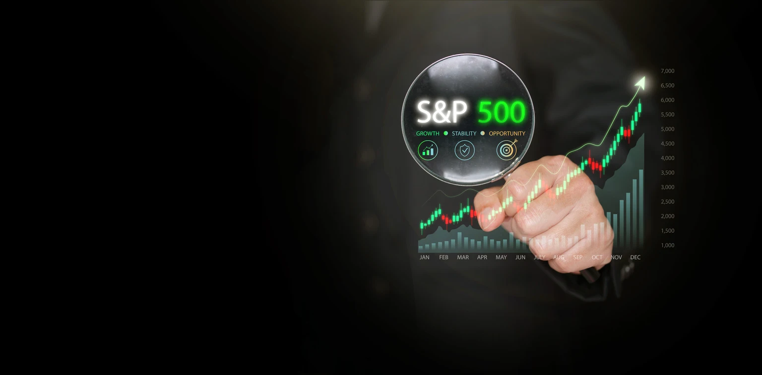 S and P 500 stock market growth shown through magnifying glass and rising growing chart on dark copy space. Financial analysis, investment strategy, trading dashboard, market trend visualization.